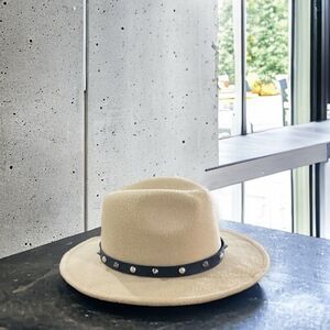 Tan Suede Stiff Brim Black Leather Silver Studded Spiked Band Fedora Hat -NEW